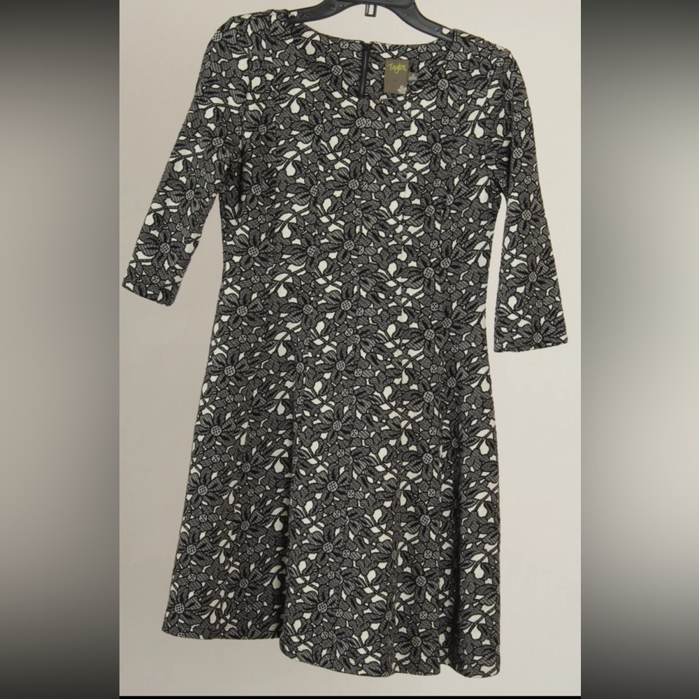 Taylor Womens Dress 4 Black White A Line Floral 3/4 Sleeve Stretch